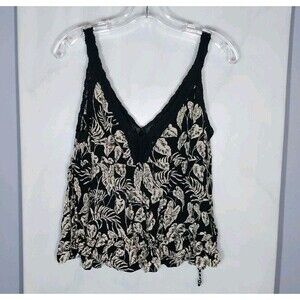 Angie Babydoll Cami Tank Top Sz L Tropical Leaves Crochet Trim Boho Chic Beachy
